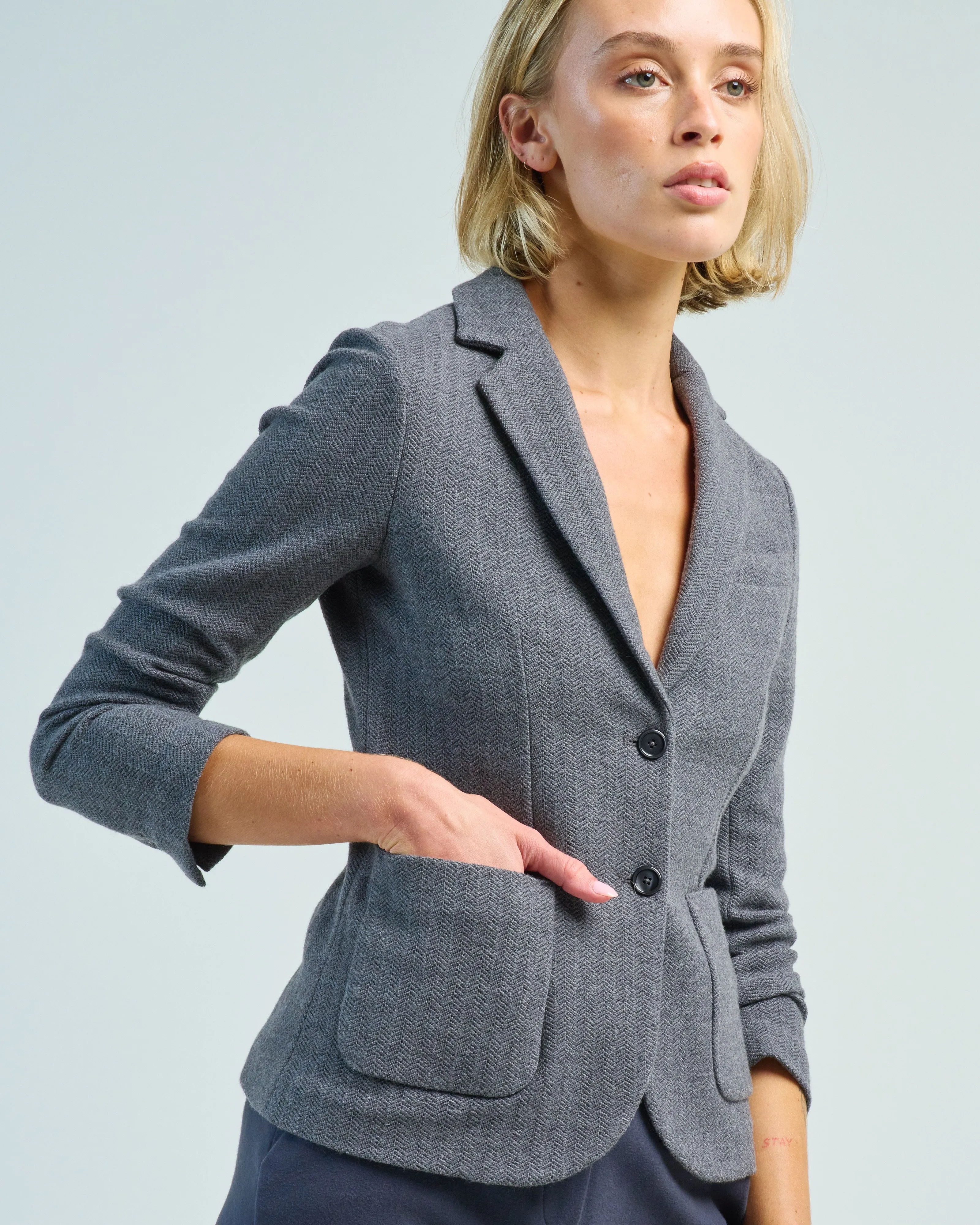 herringbone short patch pocket blazer