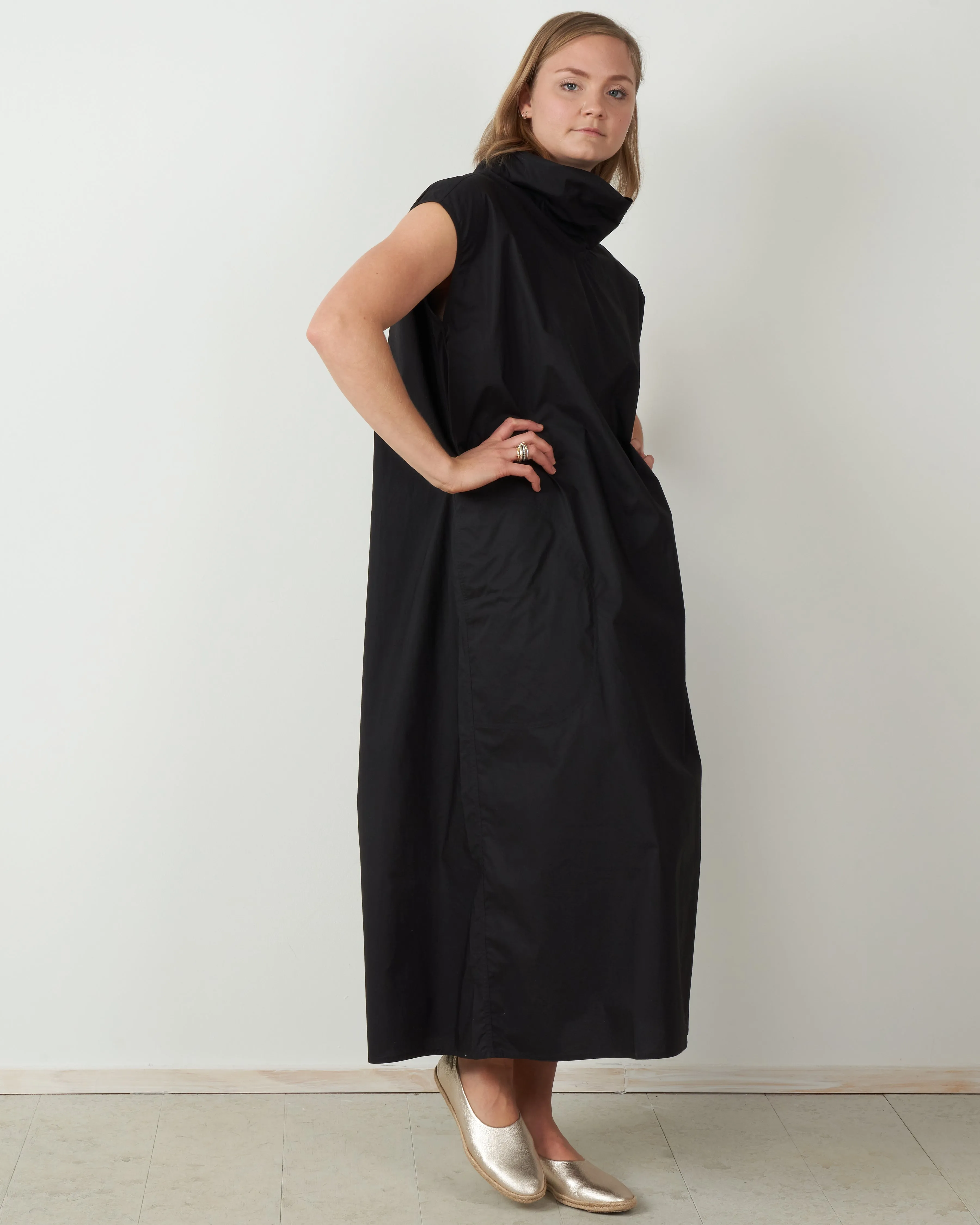 high collar a-line dress - woven jet