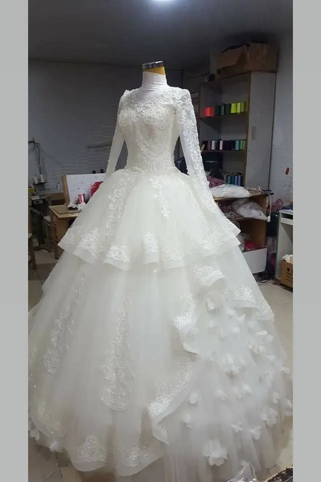 High Collar Muslim Wedding Gown Lace Long Sleeves Vestido de casamento muçulmano