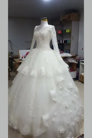 High Collar Muslim Wedding Gown Lace Long Sleeves Vestido de casamento muçulmano