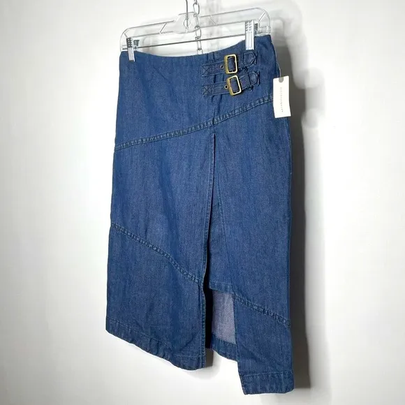 Holding Horses Anthropologie Blue Denim Asymmetric Layered Pencil Skirt