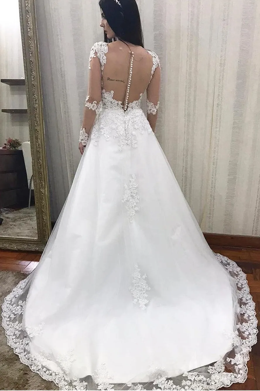 Illusion Long Sleeves Bridal Dresses Lace Beaded Bodice