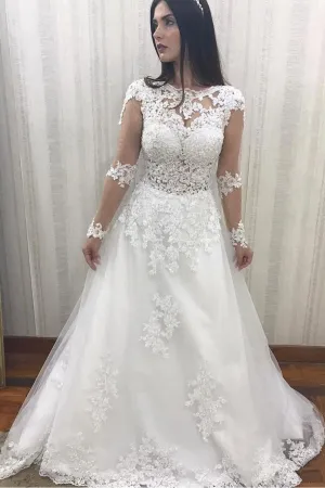 Illusion Long Sleeves Bridal Dresses Lace Beaded Bodice