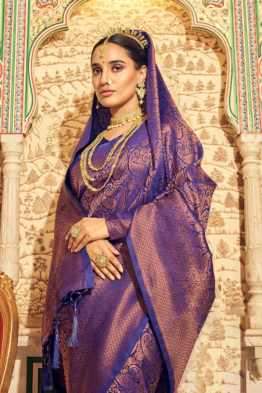 Indigo Blue Soft Kanjivaram Weaving Silk With Copper Zari