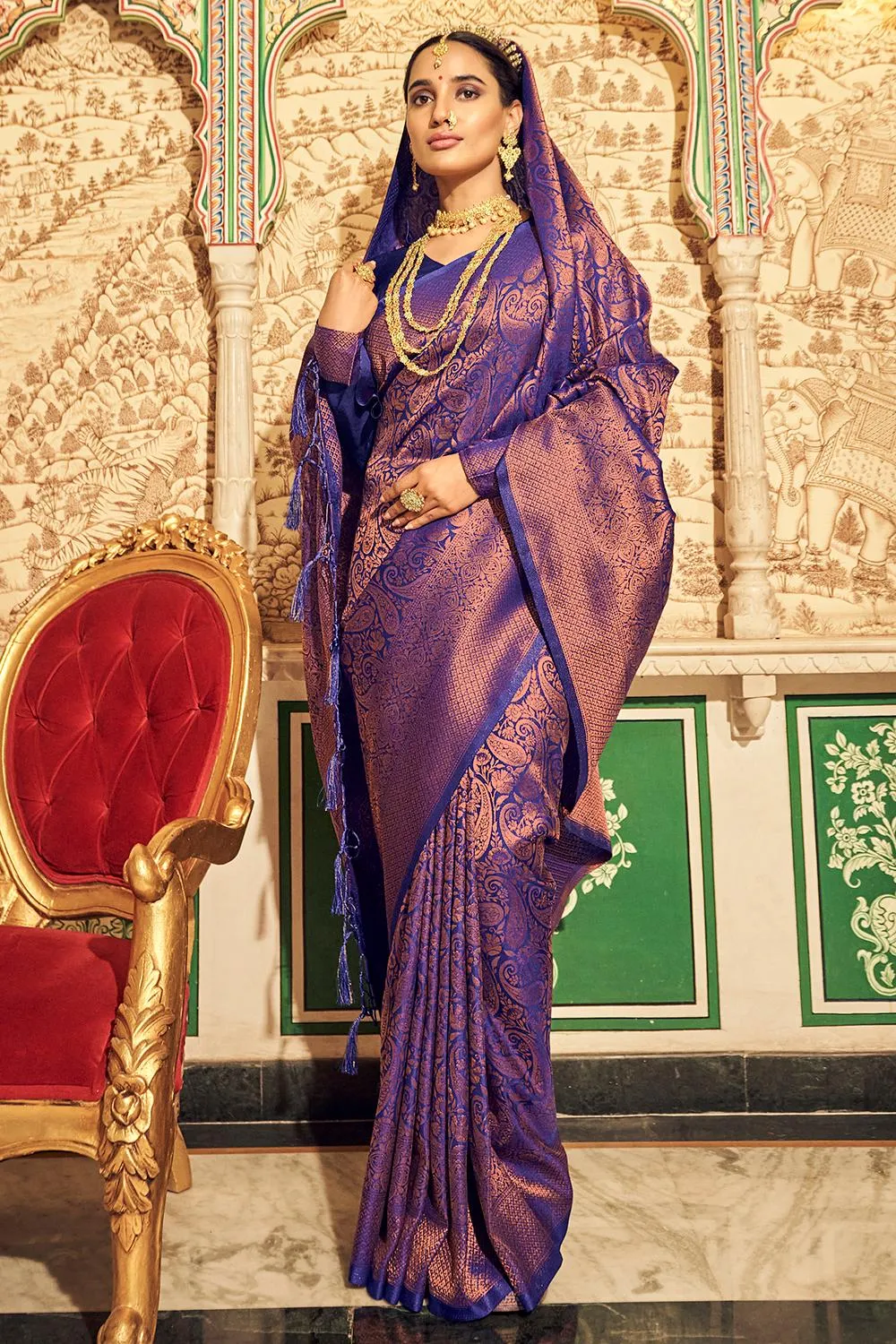 Indigo Blue Soft Kanjivaram Weaving Silk With Copper Zari