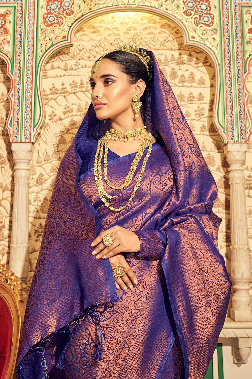 Indigo Blue Soft Kanjivaram Weaving Silk With Copper Zari