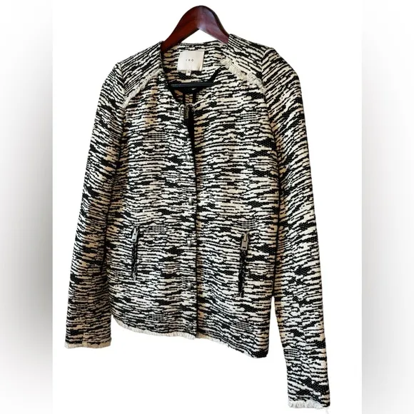 IRO Black/White 'Lizzie' Blazer Jacket Knit Frayed Edge Button-Up Full Zip Sz 38