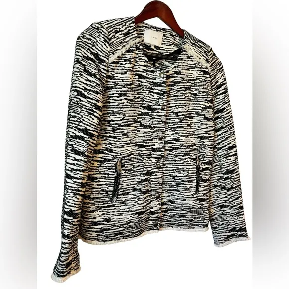 IRO Black/White 'Lizzie' Blazer Jacket Knit Frayed Edge Button-Up Full Zip Sz 38