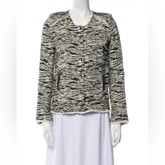 IRO Black/White 'Lizzie' Blazer Jacket Knit Frayed Edge Button-Up Full Zip Sz 38