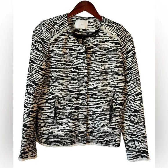 IRO Black/White 'Lizzie' Blazer Jacket Knit Frayed Edge Button-Up Full Zip Sz 38