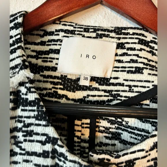 IRO Black/White 'Lizzie' Blazer Jacket Knit Frayed Edge Button-Up Full Zip Sz 38