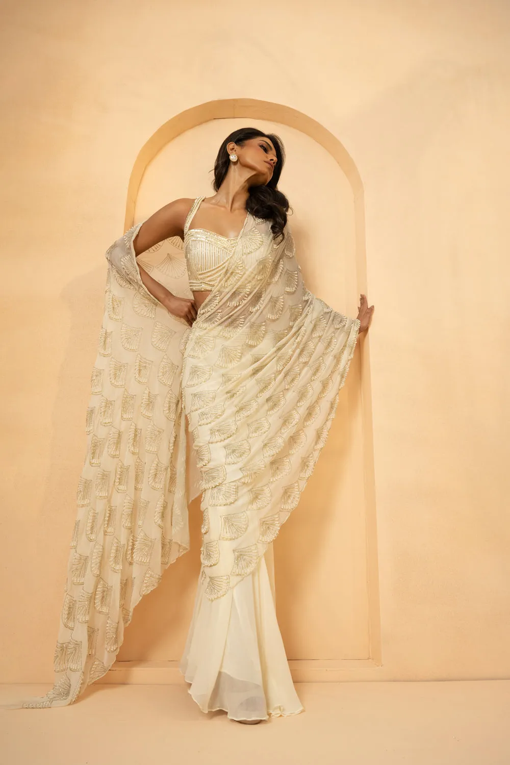 Ivory Embroidered Pre-Stitched Drape Saree
