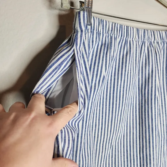 J. Crew Linen Blend Pull On Blue Stripe Knee Length A-line Skirt Size Large