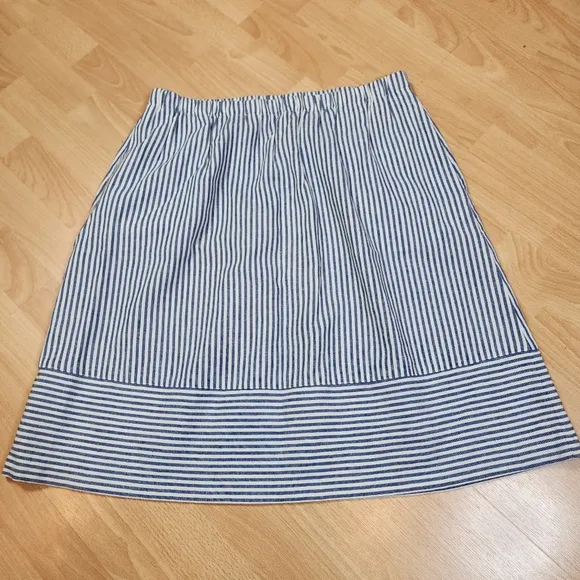 J. Crew Linen Blend Pull On Blue Stripe Knee Length A-line Skirt Size Large
