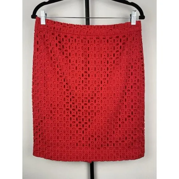J. Crew Red Eyelet No. 2 Knee Length Back Center Slit Pencil Skirt Size 6