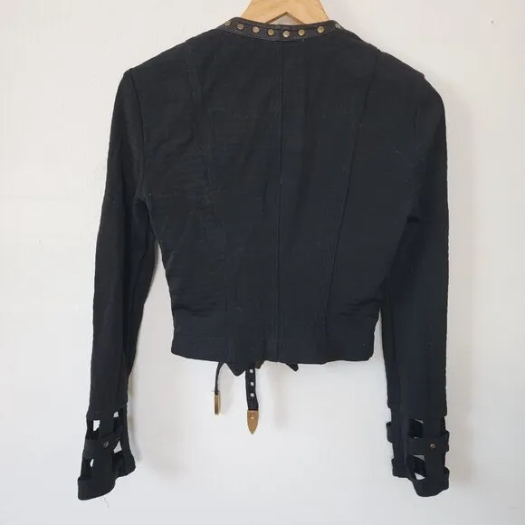 John Murrough Zip Up Blazer Jacket Black Buckle Small Petite Embellished Rock