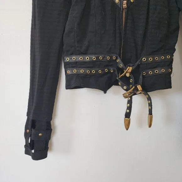 John Murrough Zip Up Blazer Jacket Black Buckle Small Petite Embellished Rock