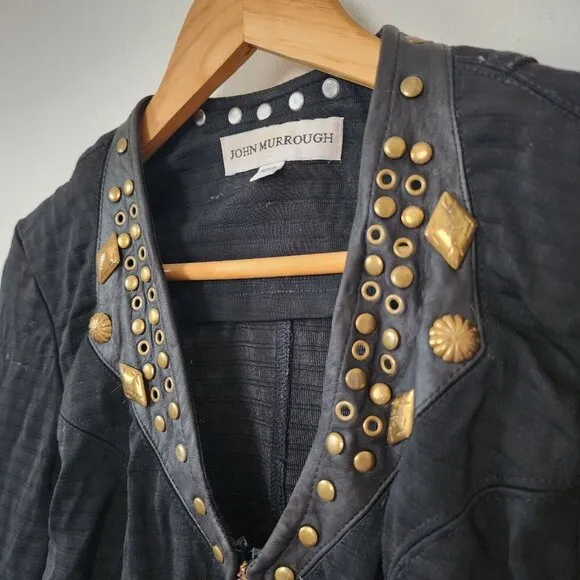 John Murrough Zip Up Blazer Jacket Black Buckle Small Petite Embellished Rock