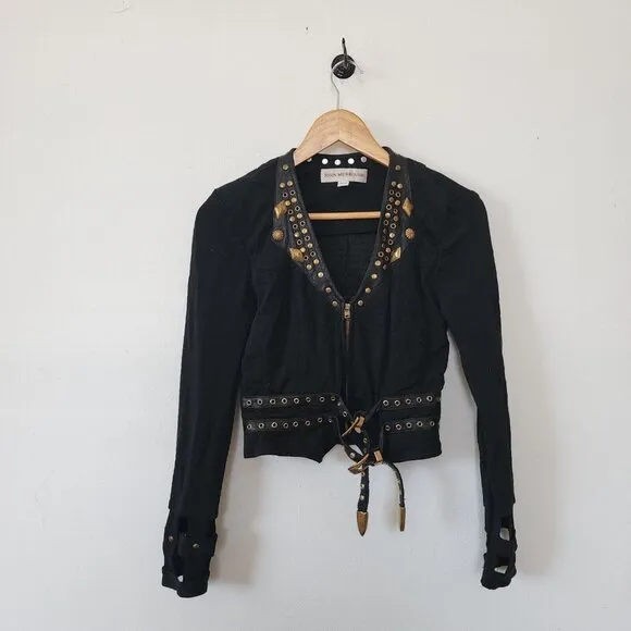 John Murrough Zip Up Blazer Jacket Black Buckle Small Petite Embellished Rock