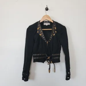John Murrough Zip Up Blazer Jacket Black Buckle Small Petite Embellished Rock