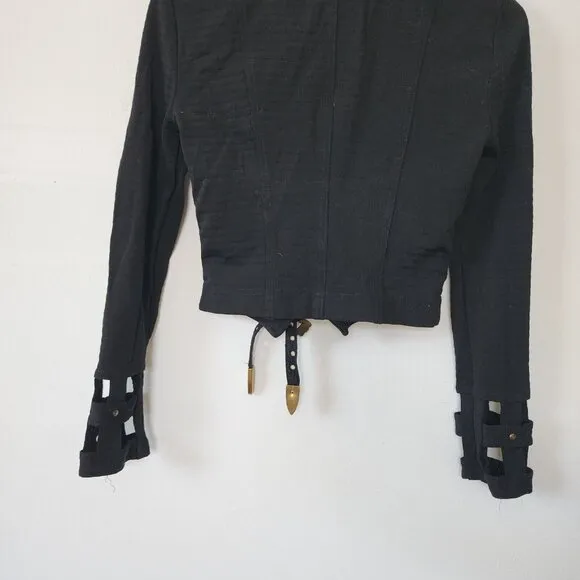 John Murrough Zip Up Blazer Jacket Black Buckle Small Petite Embellished Rock