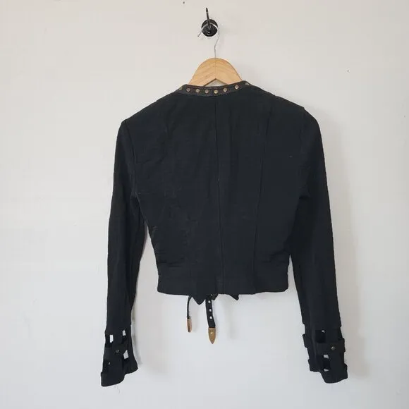 John Murrough Zip Up Blazer Jacket Black Buckle Small Petite Embellished Rock