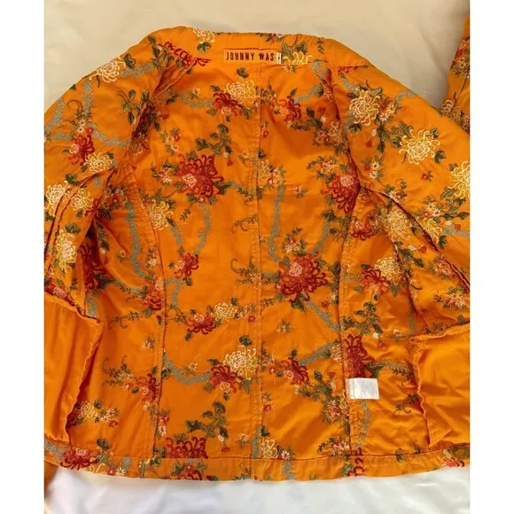 Johnny Was Womens Embroidered Floral Orange Cotton Blazer Jacket S