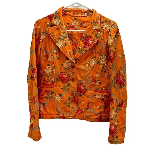 Johnny Was Womens Embroidered Floral Orange Cotton Blazer Jacket S