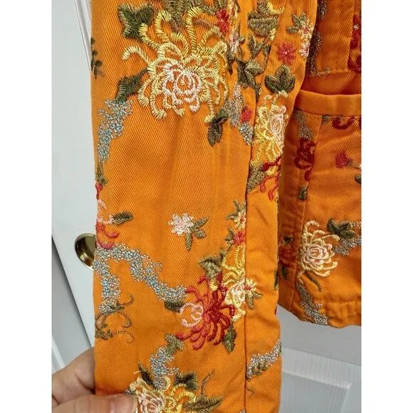 Johnny Was Womens Embroidered Floral Orange Cotton Blazer Jacket S