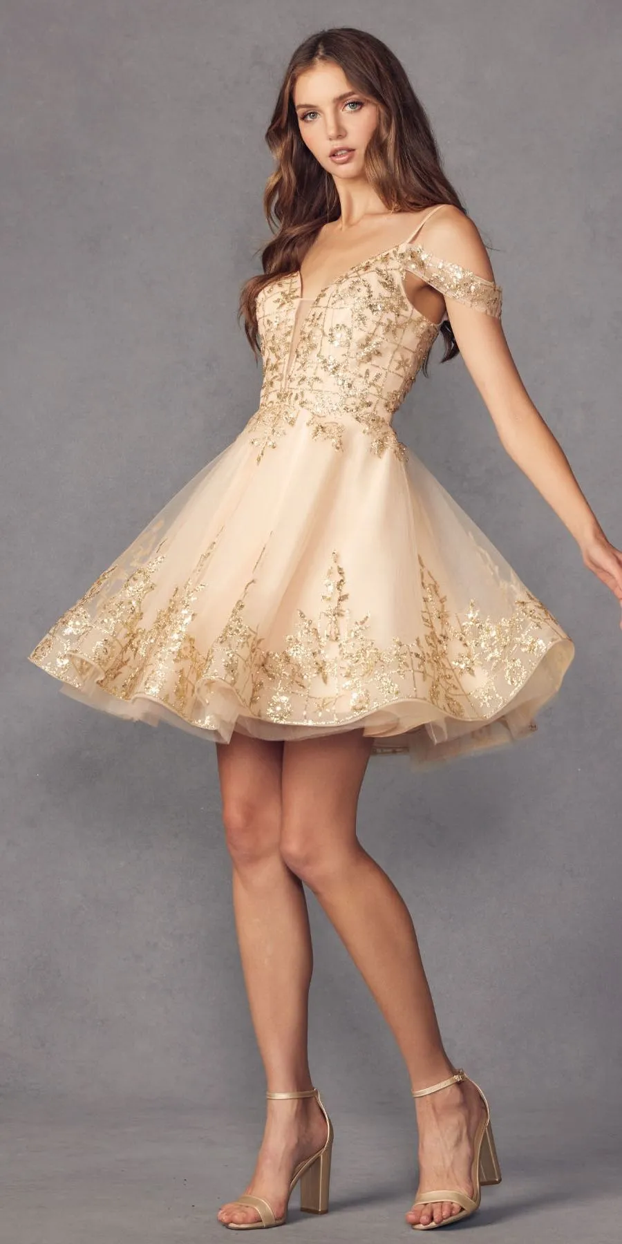 Juliet 903 A-Line Short Glitter Print Cold Shoulder A-Line Dress