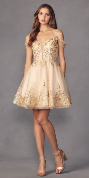 Juliet 903 A-Line Short Glitter Print Cold Shoulder A-Line Dress
