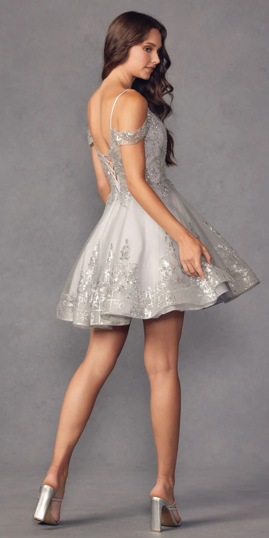 Juliet 903 A-Line Short Glitter Print Cold Shoulder A-Line Dress