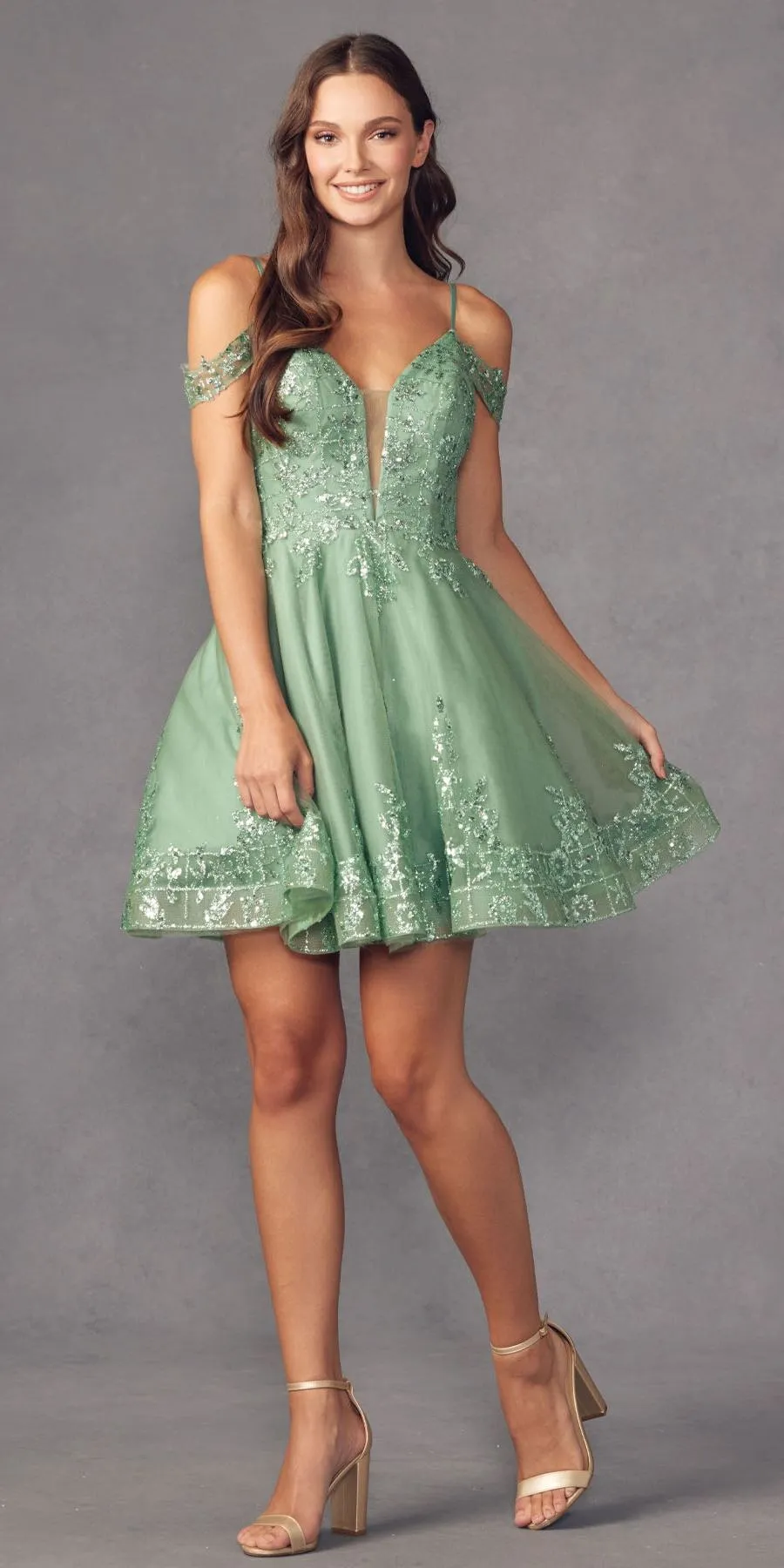 Juliet 903 A-Line Short Glitter Print Cold Shoulder A-Line Dress