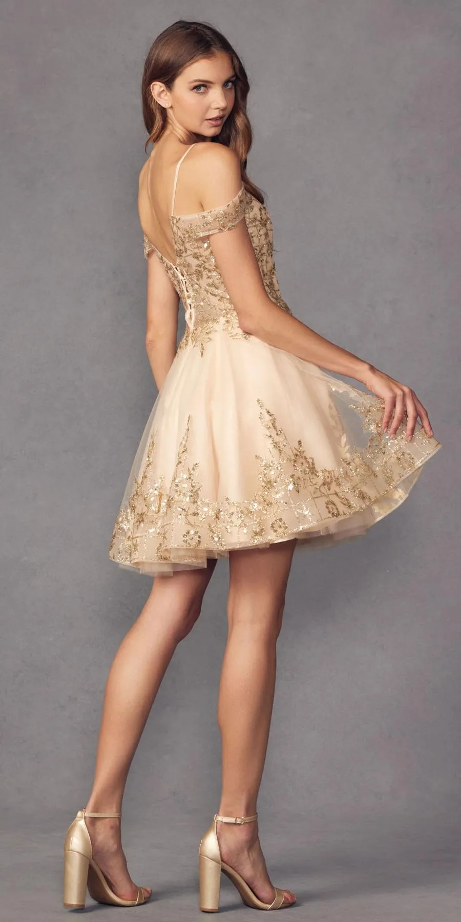 Juliet 903 A-Line Short Glitter Print Cold Shoulder A-Line Dress