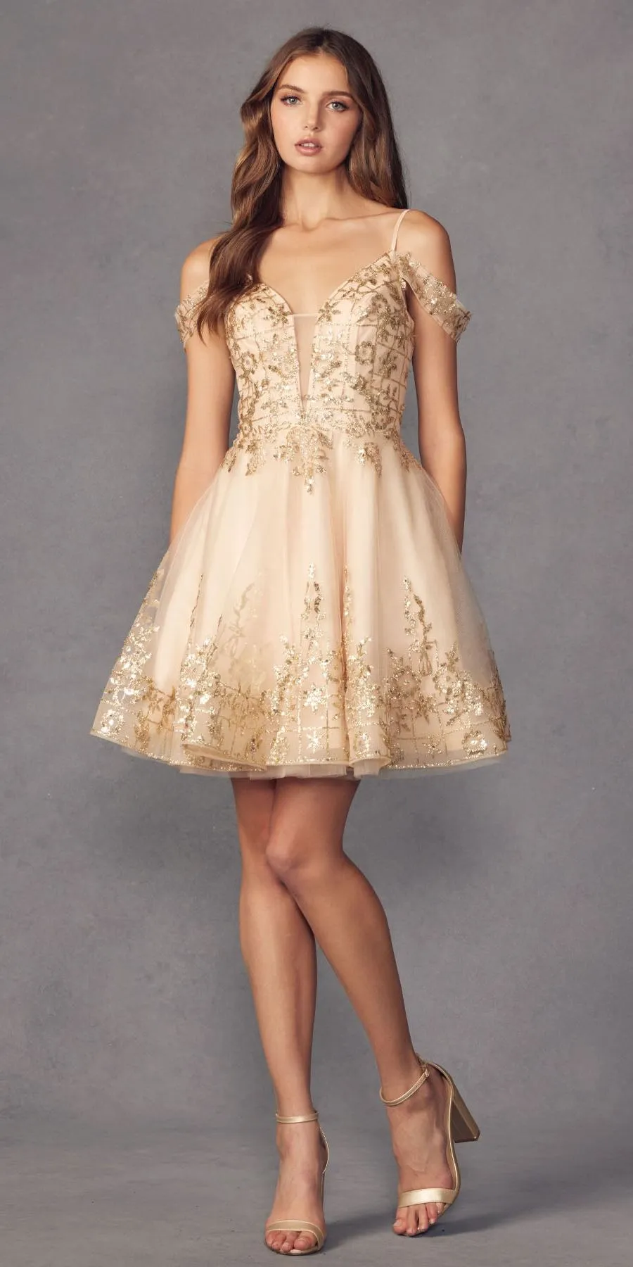 Juliet 903 A-Line Short Glitter Print Cold Shoulder A-Line Dress
