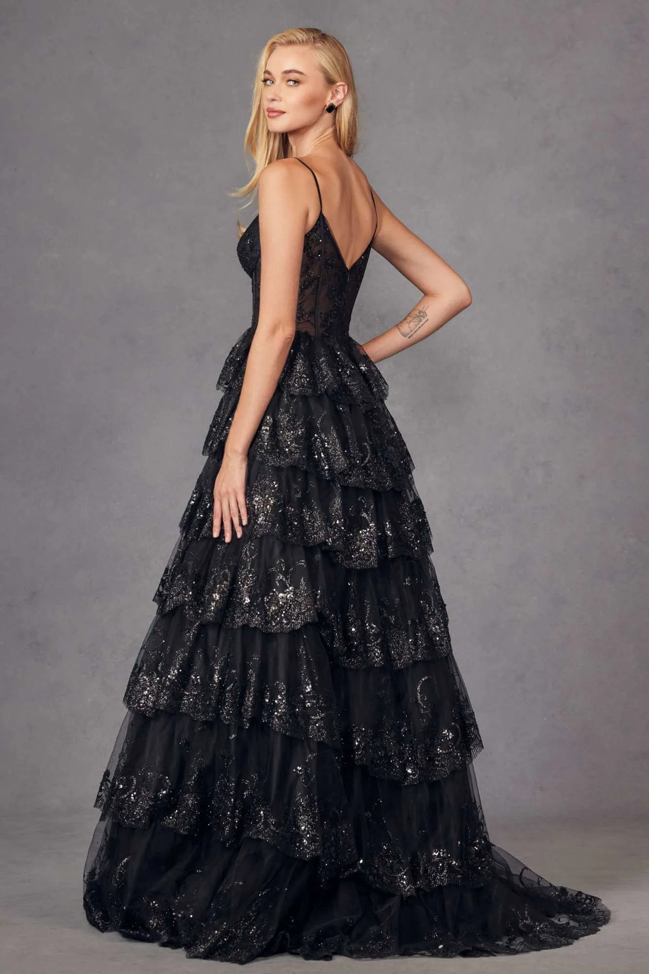 Juliet JT2454K Long Boned Bodice Tiered Layered Sequin Detail A-Line Gown