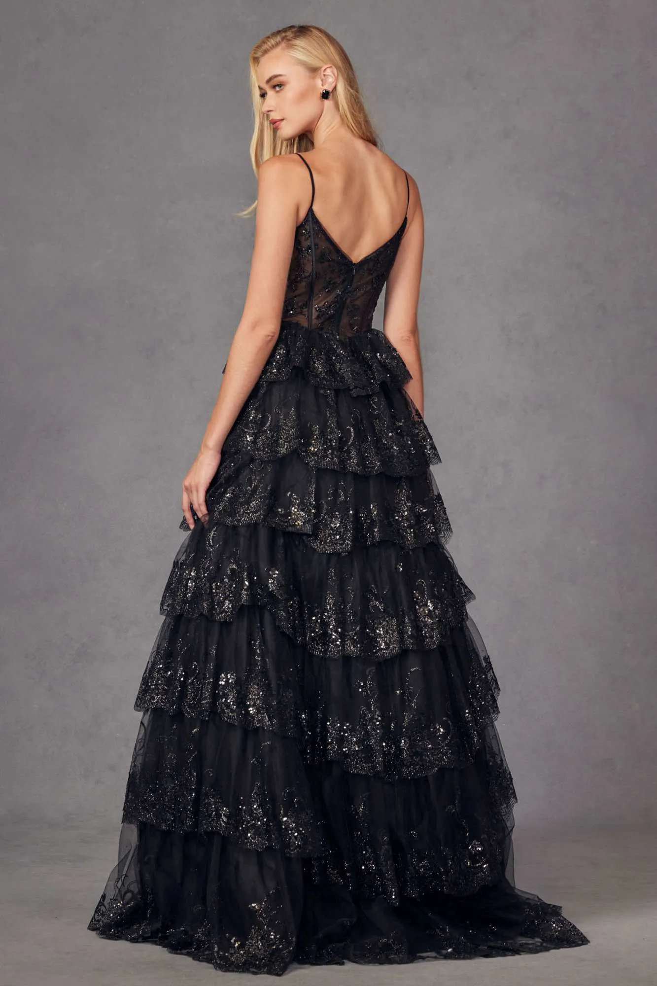 Juliet JT2454K Long Boned Bodice Tiered Layered Sequin Detail A-Line Gown