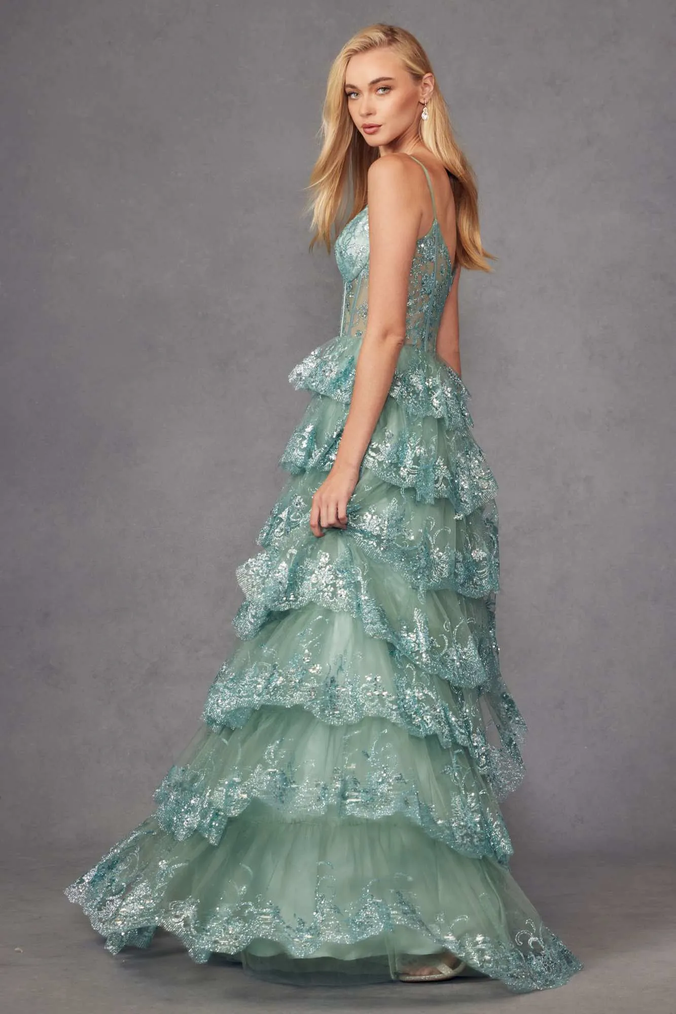 Juliet JT2454K Long Boned Bodice Tiered Layered Sequin Detail A-Line Gown