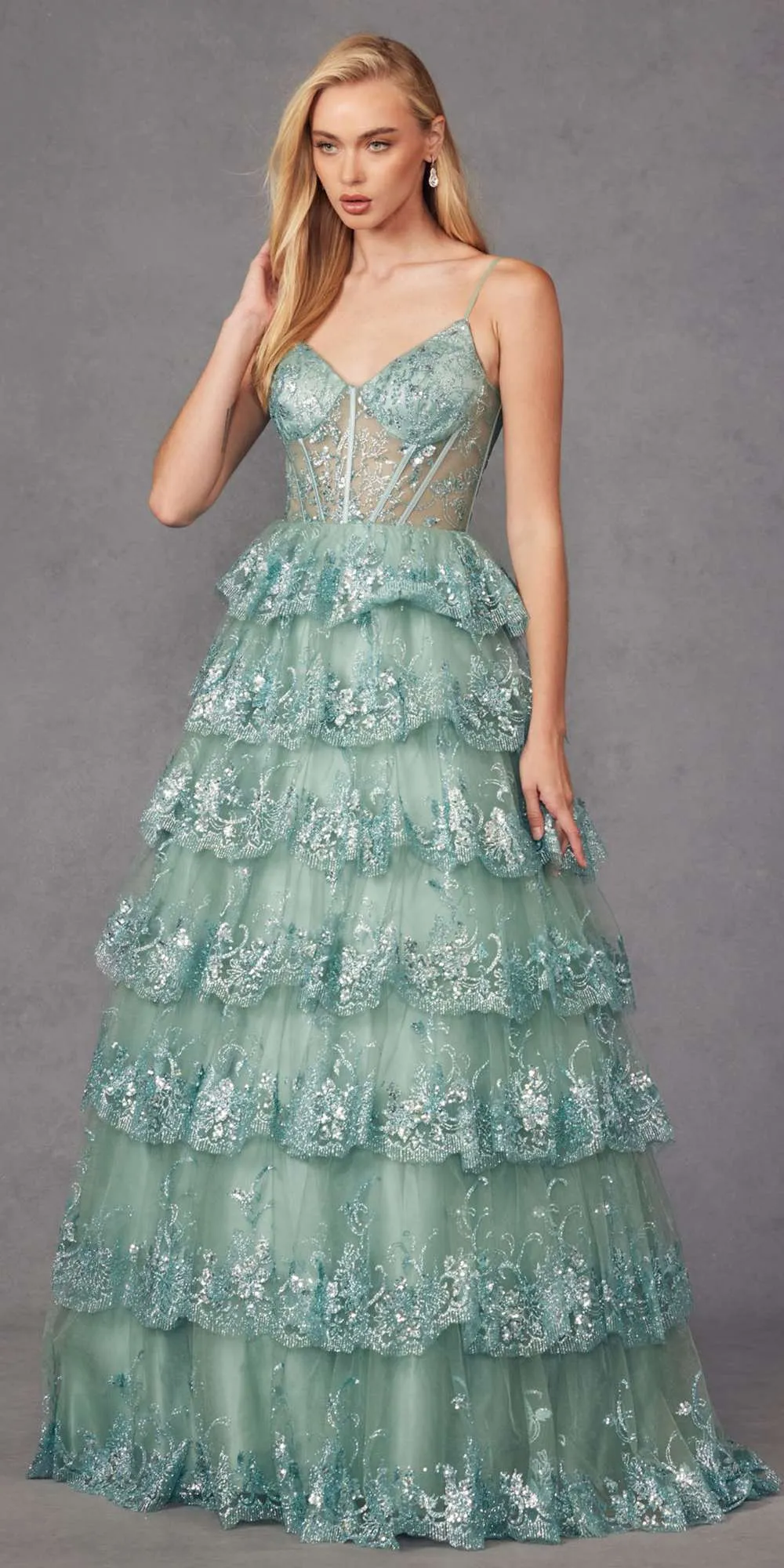Juliet JT2454K Long Boned Bodice Tiered Layered Sequin Detail A-Line Gown