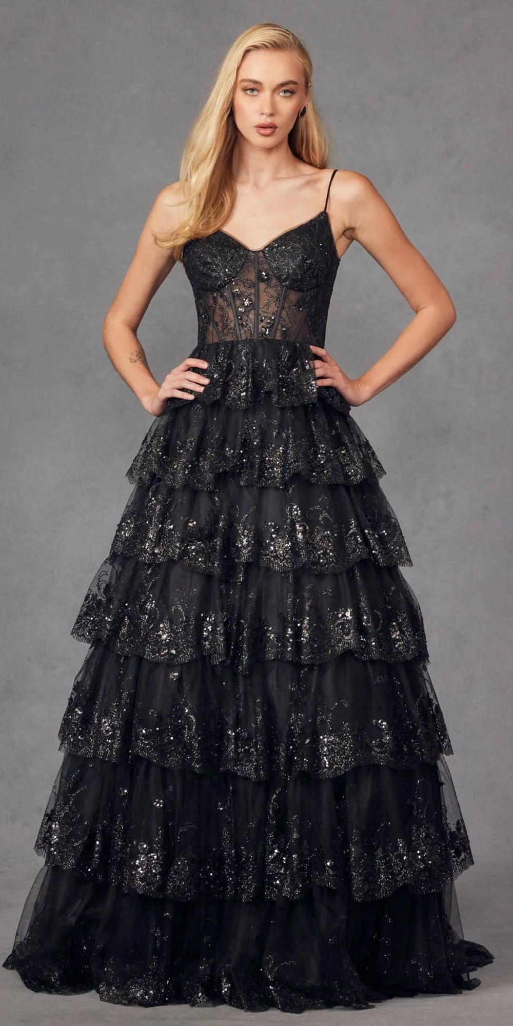 Juliet JT2454K Long Boned Bodice Tiered Layered Sequin Detail A-Line Gown