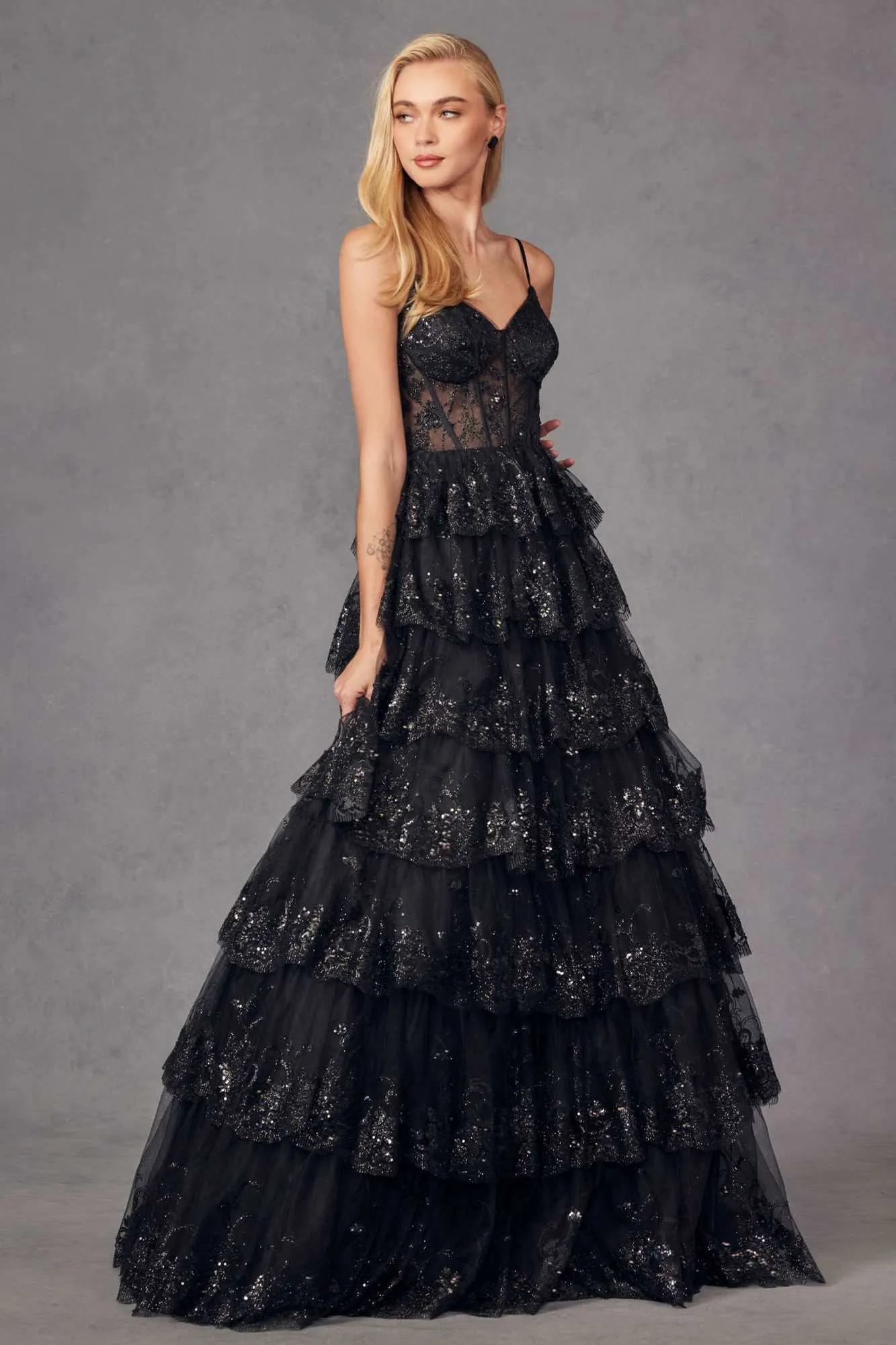 Juliet JT2454K Long Boned Bodice Tiered Layered Sequin Detail A-Line Gown