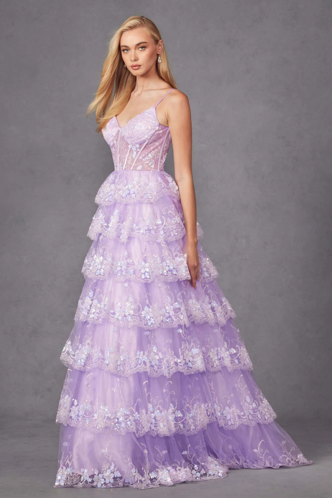 Juliet JT2454K Long Boned Bodice Tiered Layered Sequin Detail A-Line Gown
