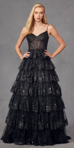 Juliet JT2454K Long Boned Bodice Tiered Layered Sequin Detail A-Line Gown
