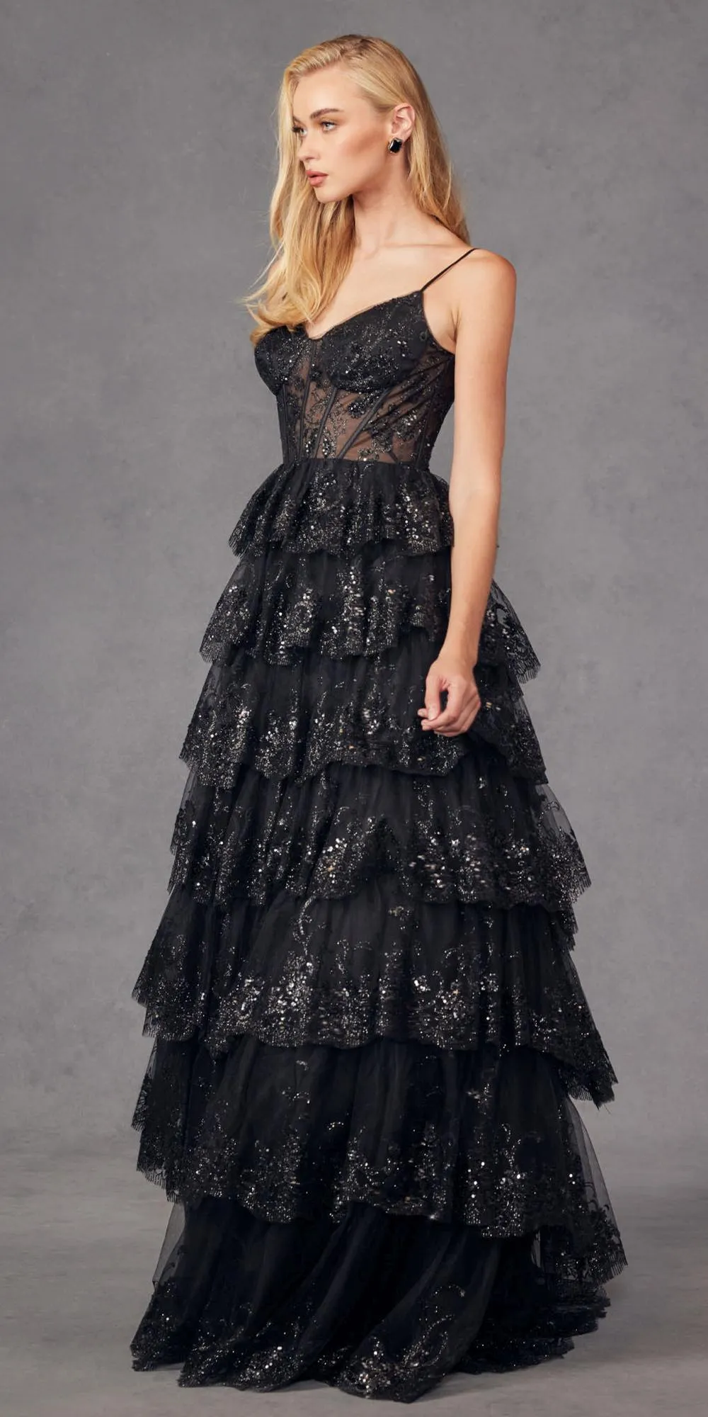 Juliet JT2454K Long Boned Bodice Tiered Layered Sequin Detail A-Line Gown