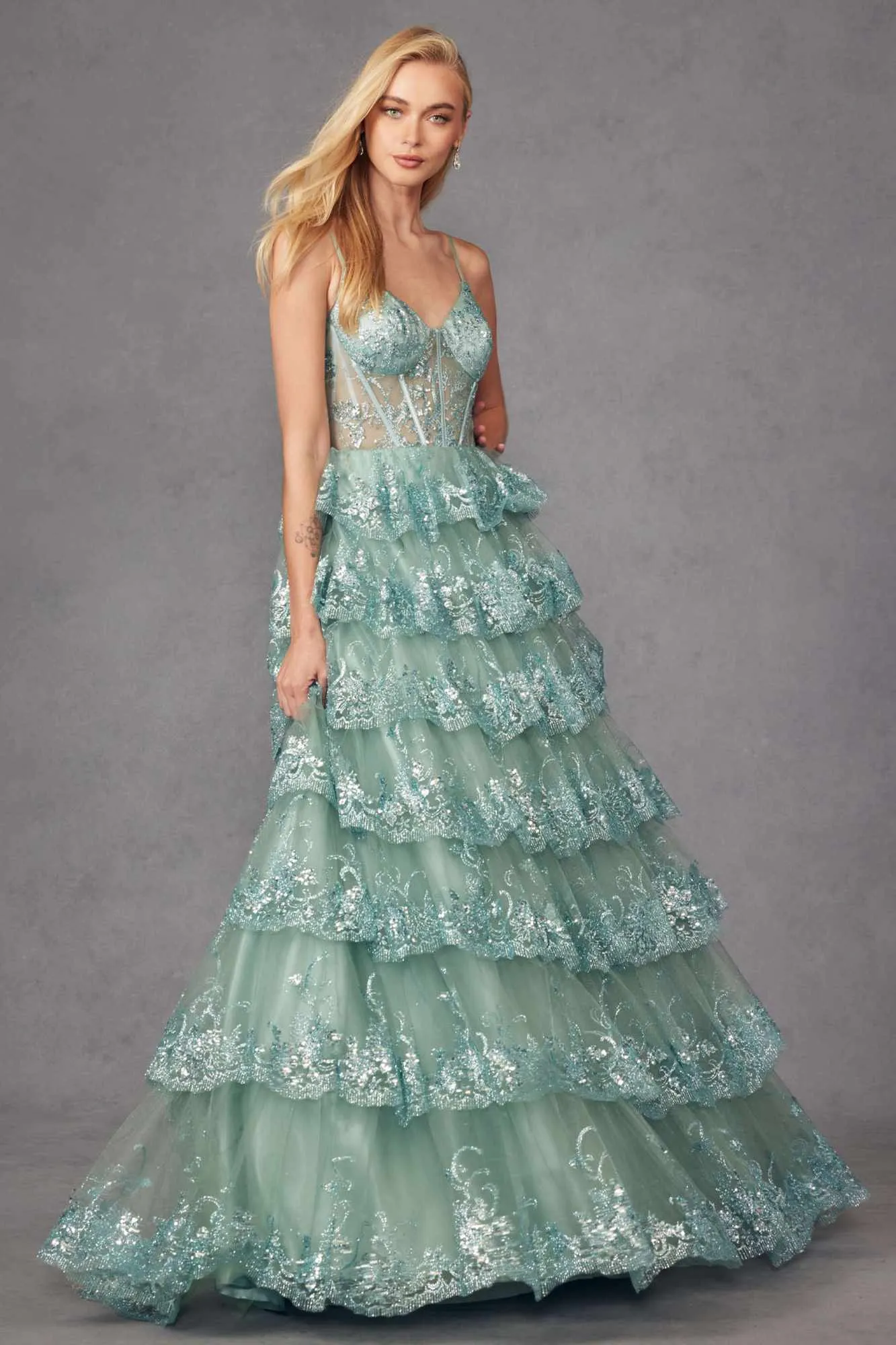 Juliet JT2454K Long Boned Bodice Tiered Layered Sequin Detail A-Line Gown