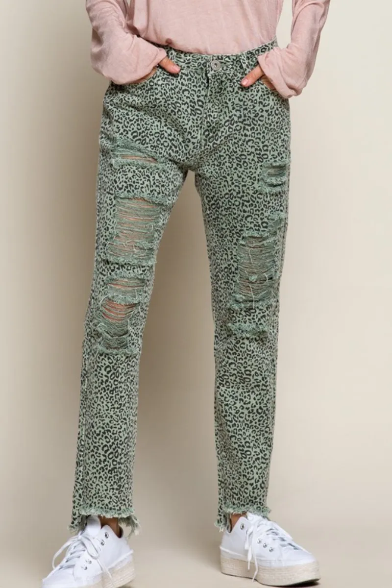 Jungle Green Distressed Leopard Pants