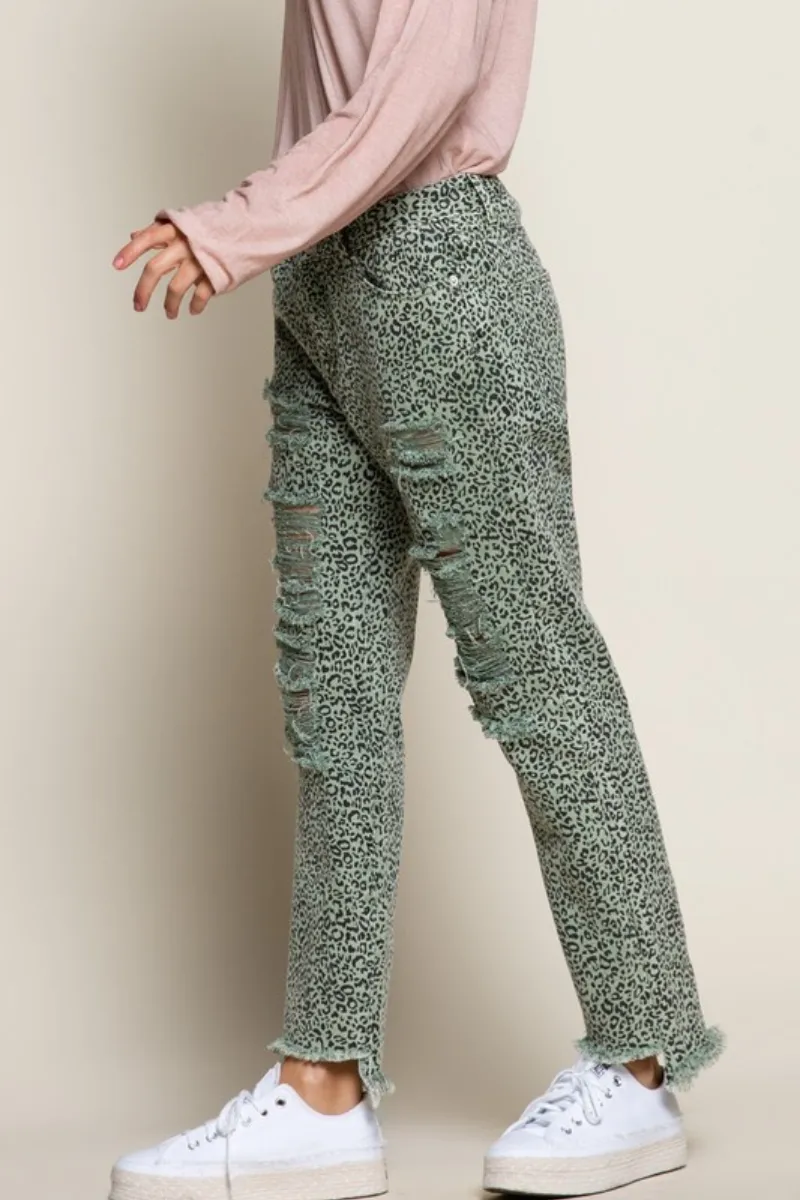 Jungle Green Distressed Leopard Pants