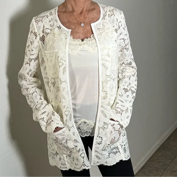 KARL LAGERFELD LACE JACKET Ladylike Blazer White Long Line Blazer White Sheer S