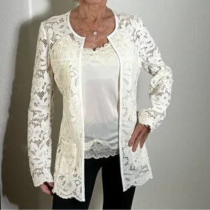 KARL LAGERFELD LACE JACKET Ladylike Blazer White Long Line Blazer White Sheer S