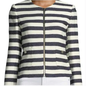 Karl Lagerfeld Navy Blue White Striped Tweed Blazer Jacket Size 16 NWT